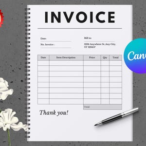 May include: A spiral-bound invoice template with the word "INVOICE" at the top. The template includes fields for date, invoice number, and billing information. A "Best Seller" sticker and a "Canva" logo are visible. A pen and white flowers are also present.