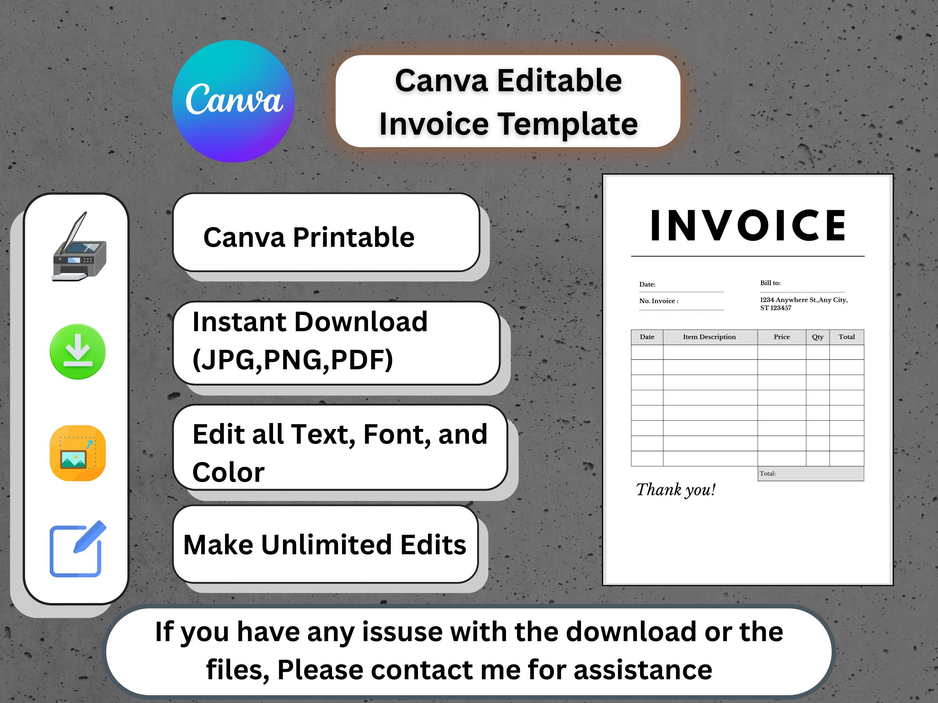 Professional Simple Printable Invoice Template – Editable PDF, Fillable ...
