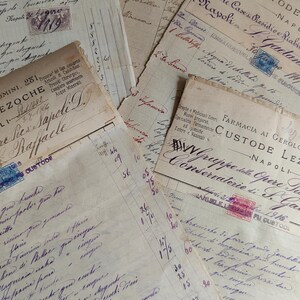 May include: A collection of aged, handwritten documents, featuring faded ink and stamps. The papers, with Italian text, are layered, showcasing historical pharmacy records and invoices. The color palette is muted, with sepia tones and hints of blue.