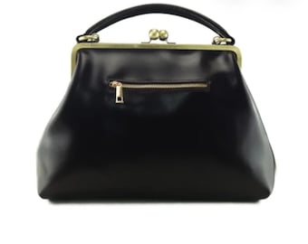Vintage Black Leather Doctor Bag for Women, Retro Kiss Lock Handbag, Luxury Top Handle Purse, Classic Frame Tote Bag Elegant Gift Purse 2026
