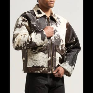 Men's Genuine Cowhide Leather Jacket: Brown White Cow Print Western Biker Coat