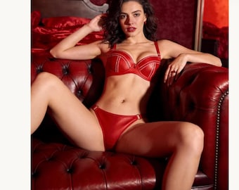 Red Faux Leather Lingerie Set: Push Up Bra, Panty, Valentine Outfit