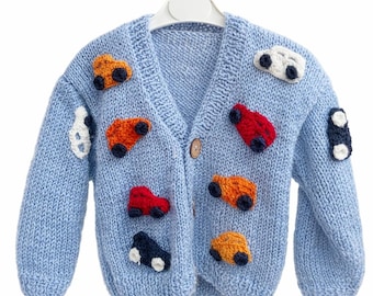 Sweter samochodowy dla dzieci, ręcznie robiony sweter na drutach, niebieski sweter samochodowy, sweter dla malucha, prezent dla chłopca, zimowa odzież dziecięca