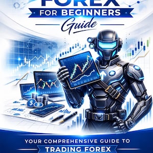 May include: A digital illustration promoting a Forex trading guide. The image features a futuristic robot holding a tablet displaying a stock chart. The title "FOREX FOR BEGINNERS Guide" is prominently displayed, along with icons for basic concepts, trading strategies, and risk management.