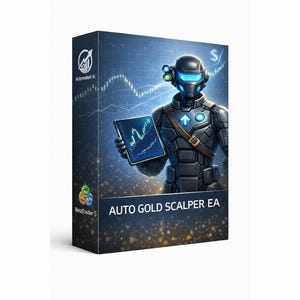 May include: A product box featuring a futuristic robot holding a tablet displaying a financial chart. The box has the text "AUTO GOLD SCALPER EA" and the logo for MetaTrader 5. The background has a blue and gold color scheme.