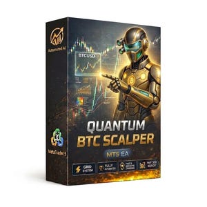 Könnte beinhalten: Eine rechteckige Produktverpackung für die Software Quantum BTC Scalper MT5 EA. Die Box zeigt eine goldfarbene Roboterfigur, die auf ein BTCUSD-Handelsdiagramm zeigt. Der Text umfasst Automated AI, MetaTrader 5, Grid System, Fully Automated und Fast Scalping.