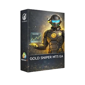 Peut inclure: Une boîte de logiciel rectangulaire étiquetée GOLD SNIPER MT5 EA présentant un personnage futuriste en armure noire et dorée avec une visière bleue lumineuse. Le personnage tient un graphique holographique montrant les tendances XAUUSD.