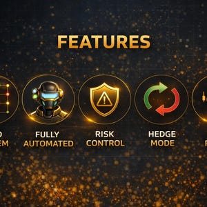 K&ouml;nnte beinhalten: Ein Bild mit dem Wort &bdquo;FEATURES&ldquo; in goldenen Buchstaben. Darunter befinden sich f&uuml;nf kreisf&ouml;rmige Symbole mit Text: &bdquo;GRID SYSTEM&ldquo;, &bdquo;FULLY AUTOMATED&ldquo;, &bdquo;RISK CONTROL&ldquo;, &bdquo;HEDGE MODE&ldquo; und &bdquo;MT5 READY&ldquo;. Der Hintergrund ist dunkel mit goldenen Glitzer.