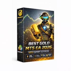 May include: A product box with the text "BEST GOLD MT5 EA 2026" and "MTS EXPERT ADVISOR". The box features a futuristic character holding a gold bar. The box also has the text "Automated AI" and "MetaTrader 5".