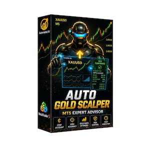 May include: A rectangular product box for Auto Gold Scalper MT5 Expert Advisor software. The black box features a futuristic robotic figure, a glowing blue digital trading interface with XAUUSD charts, and text including Cent Account, High Accuracy, Gold Pairs Optimized, Risk Control, and Fast Execution.