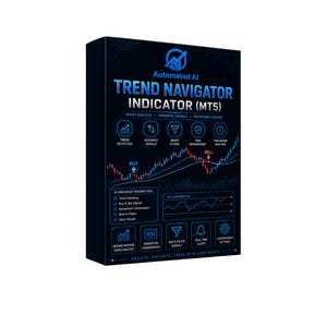 Puede incluir: Una caja azul oscuro con el texto "Automated AI TREND NAVIGATOR INDICATOR (MT5)". La caja presenta iconos y un gráfico, con las palabras "Buy" y "Sell" mostradas. La caja está sobre un fondo blanco.