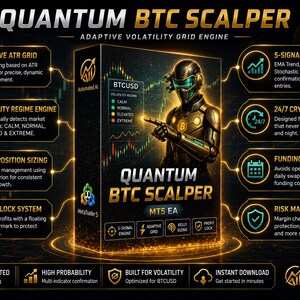 K&ouml;nnte beinhalten: Eine Werbegrafik f&uuml;r die Software Quantum BTC Scalper MT5 EA. Die zentrale Box zeigt eine futuristische Figur in R&uuml;stung und Text, der Funktionen wie Adaptive ATR Grid, Volatility Regime Engine, Kelly Position Sizing und Profit Lock System beschreibt.