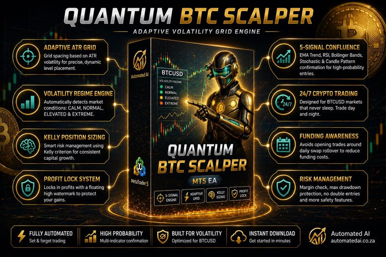 K&ouml;nnte beinhalten: Eine Werbegrafik f&uuml;r die Software Quantum BTC Scalper MT5 EA. Die zentrale Box zeigt eine futuristische Figur in R&uuml;stung und Text, der Funktionen wie Adaptive ATR Grid, Volatility Regime Engine, Kelly Position Sizing und Profit Lock System beschreibt.