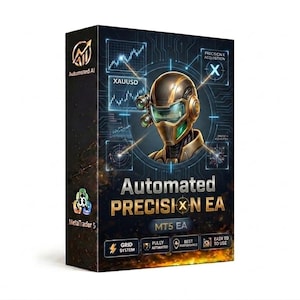 May include: A rectangular product box for Automated Precision EA software. The dark blue packaging features a gold-toned robotic head, digital charts, and the text Automated PRECISION EA, MT5 EA, Grid System, Fully Automated, Best Performance, and Easy to Use.