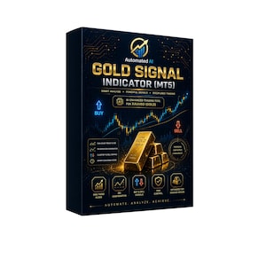 May include: A dark blue box with the text "Automated AI Gold Signal Indicator (MT5)" and gold bars. The box also includes the words "Buy" and "Sell" with arrows, and the text "AI-enhanced trading tool for XAUUSD (Gold)".