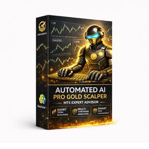 May include: A black box with gold accents features a futuristic robot illustration. The text reads "AUTOMATED AI PRO GOLD SCALPER" with details on short-term scalping, multi-timeframe analysis, and smart risk management.