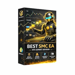 Puede incluir: Caja de producto con una ilustración de robot futurista y el texto "BEST SMC EA - MT5 EXPERT ADVISOR". La caja presenta gráficos financieros e iconos para "Break Structure", "Order Blocks", "Liquidity Sweeps" y "Fair Value Gaps".