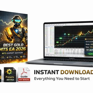 K&ouml;nnte beinhalten: Ein Laptop zeigt ein Finanzdiagramm neben einer Produktbox mit der Aufschrift "BEST GOLD MT5 EA 2026". Die Box zeigt eine futuristische Figur, die einen Goldbarren h&auml;lt. Begleitende Dateien sind .ex5, Voreinstellungen und ein PDF-Leitfaden. Der Bildschirm zeigt einen Gewinn von 247,56 $.