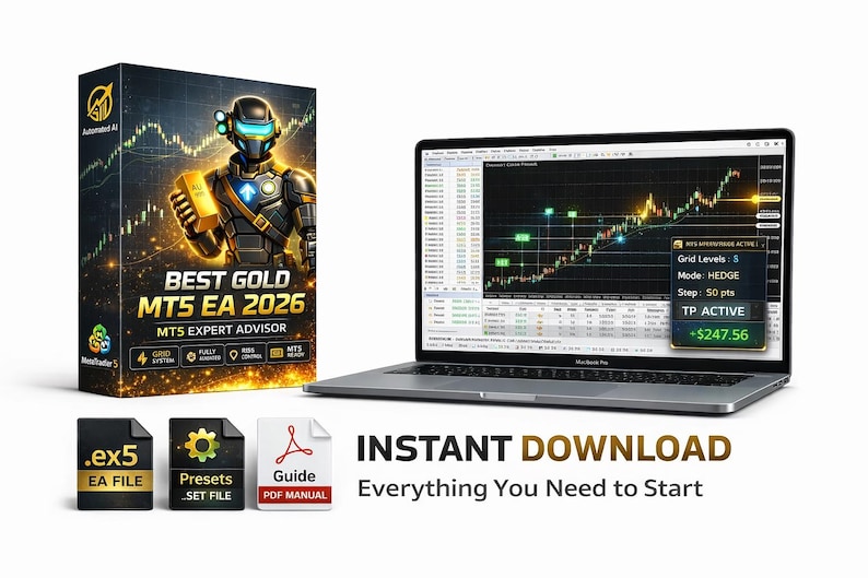 K&ouml;nnte beinhalten: Ein Laptop zeigt ein Finanzdiagramm neben einer Produktbox mit der Aufschrift "BEST GOLD MT5 EA 2026". Die Box zeigt eine futuristische Figur, die einen Goldbarren h&auml;lt. Begleitende Dateien sind .ex5, Voreinstellungen und ein PDF-Leitfaden. Der Bildschirm zeigt einen Gewinn von 247,56 $.