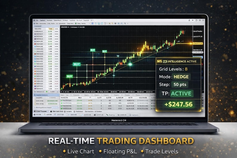 K&ouml;nnte beinhalten: Ein Laptop mit einem Echtzeit-Trading-Dashboard mit Live-Chart, Floating P&L und Trading-Levels. Der Bildschirm zeigt ein gr&uuml;nes und rotes Liniendiagramm mit Kaufindikatoren und einen Gewinn von 247,56 $.