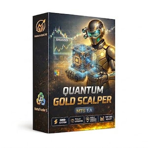 May include: A rectangular product box for Quantum Gold Scalper MT5 EA software. The dark packaging features a gold-armored robotic figure holding a glowing blue cube, a XAUUSD financial chart, and text including Automated AI and MetaTrader 5.