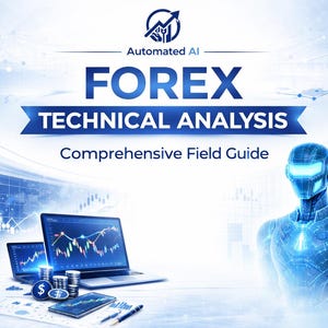 May include: Digital illustration promoting Forex technical analysis. The image features a laptop and tablet displaying financial charts, along with stacks of coins and a pen. The text reads "FOREX TECHNICAL ANALYSIS Comprehensive Field Guide."