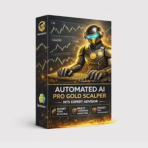 Puede incluir: Una caja de producto con una ilustración de robot dorado y negro. La caja muestra el texto "AUTOMATED AI PRO GOLD SCALPER" y "MT5 EXPERT ADVISOR". La caja también incluye los términos "SHORT TERM SCALPING", "MULTI TIMEFRAME ANALYSIS" y "SMART RISK MANAGEMENT".