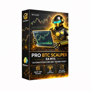 May include: A black box with gold detailing displays the text "PRO BTC SCALPER EA MT5" and an illustration of a robot holding a tablet showing a financial chart. The box also includes icons for smart grid trading, risk controls, and on-chart dashboard.