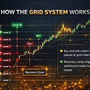 K&ouml;nnte beinhalten: Ein Diagramm, das zeigt, "WIE DAS GRID-SYSTEM FUNKTIONIERT", mit einem steigenden Kerzenchart in Gr&uuml;n und Gold. Die Grafik zeigt Ebenen, Kauf-/Verkaufsmarkierungen und eine "Recovery Zone". Text erkl&auml;rt Rasterintervalle und Verlustminderung.