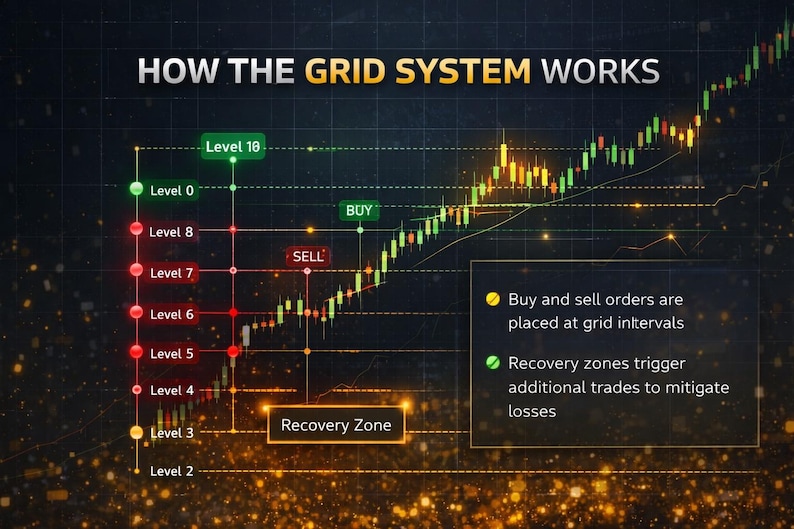 K&ouml;nnte beinhalten: Ein Diagramm, das zeigt, "WIE DAS GRID-SYSTEM FUNKTIONIERT", mit einem steigenden Kerzenchart in Gr&uuml;n und Gold. Die Grafik zeigt Ebenen, Kauf-/Verkaufsmarkierungen und eine "Recovery Zone". Text erkl&auml;rt Rasterintervalle und Verlustminderung.