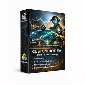 Puede incluir: Caja de producto con un robot futurista y el texto "CUSTOM BOT EA". Destaca características como "Any Strategy" y "Gold / Forex / Indices". El fondo muestra gráficos financieros.
