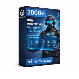 May include: A product box featuring a futuristic robot holding a glowing screen with a workflow diagram. The box has the text "2000+ n8n Automation Workflow Templates" and the n8n logo. The background is dark blue.