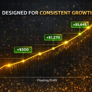 K&ouml;nnte beinhalten: Eine Grafik, die finanzielles Wachstum veranschaulicht, mit einer gelben, aufw&auml;rts gerichteten Linie vor einem dunklen Hintergrund. Der Text "DESIGNED FOR CONSISTENT GROWTH" steht oben. Gr&uuml;ne K&auml;stchen zeigen Gewinnsteigerungen von +500 $, +1.270 $ und +5.645 $.