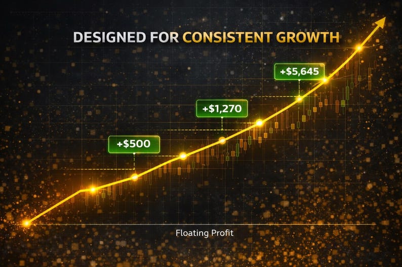 K&ouml;nnte beinhalten: Eine Grafik, die finanzielles Wachstum veranschaulicht, mit einer gelben, aufw&auml;rts gerichteten Linie vor einem dunklen Hintergrund. Der Text "DESIGNED FOR CONSISTENT GROWTH" steht oben. Gr&uuml;ne K&auml;stchen zeigen Gewinnsteigerungen von +500 $, +1.270 $ und +5.645 $.