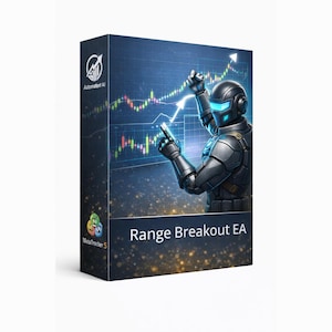 May include: A product box featuring a futuristic robot character with a glowing blue visor, analyzing a stock chart. The box has the text "Range Breakout EA" and the Automation AI logo. The background has a dark blue gradient.