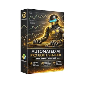 Puede incluir: Una caja de producto rectangular para Automated AI Pro Gold Scalper MT5 Expert Advisor. La caja presenta un diseño en negro y dorado con una figura robótica escribiendo en un teclado, gráficos financieros y etiquetas para scalping.