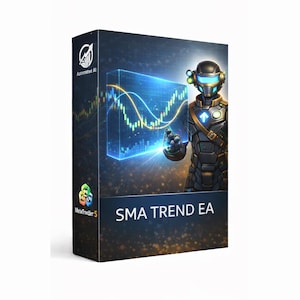 Puede incluir: Caja de producto con un robot futurista y una pantalla de gráficos brillantes. La caja tiene el texto "SMA TREND EA" y "MetaTrader 5". El fondo es oscuro con un efecto degradado.