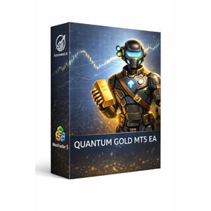 May include: Box with a futuristic armoured figure holding a gold bar. The text "QUANTUM GOLD MT5 EA" is displayed. The box also shows the MetaTrader 5 logo and the words "Automated AI."