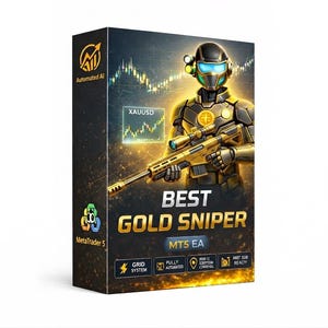 May include: A rectangular product box for Best Gold Sniper MT5 EA software. The design features a futuristic character in gold armor holding a sniper rifle, a XAUUSD stock chart, and text labels including Automated AI, Grid System, and Fully Automated.