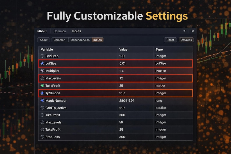 K&ouml;nnte beinhalten: Screenshot einer Softwareoberfl&auml;che mit "Vollst&auml;ndig anpassbare Einstellungen". Die Tabelle zeigt Einstellungen wie LotSize, Multiplier, MaxLevels, TakeProfit und TpSimode mit ihren Werten und Typen. Der Hintergrund ist dunkel.