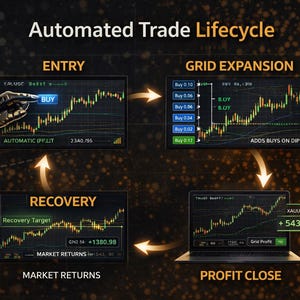 K&ouml;nnte beinhalten: Diagramm des automatisierten Handelslebenszyklus mit den Schritten ENTRY, GRID EXPANSION, RECOVERY und PROFIT CLOSE. Jeder Schritt zeigt ein Diagramm mit Finanzdaten und Text.