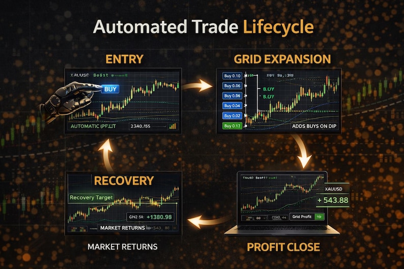 K&ouml;nnte beinhalten: Diagramm des automatisierten Handelslebenszyklus mit den Schritten ENTRY, GRID EXPANSION, RECOVERY und PROFIT CLOSE. Jeder Schritt zeigt ein Diagramm mit Finanzdaten und Text.