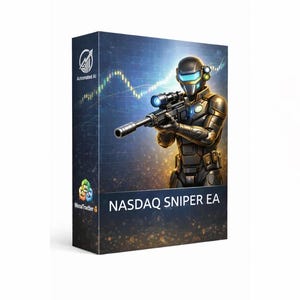 May include: A product box featuring a futuristic soldier aiming a rifle with a scope. The box has the text "NASDAQ SNIPER EA" and "MetaTrader 4". The background shows a stock chart and the words "Automated AI".