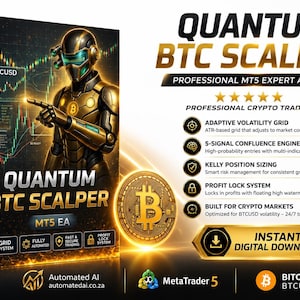 K&ouml;nnte beinhalten: Eine Produktbox f&uuml;r Quantum BTC Scalper, einen professionellen MT5-Expertenberater. Die Box zeigt eine goldene Roboterfigur, ein Bitcoin-Symbol und Handelsdiagramme. Der Text enth&auml;lt Funktionen wie ein adaptives Volatilit&auml;tsraster und ein Gewinn-Sperrsystem.