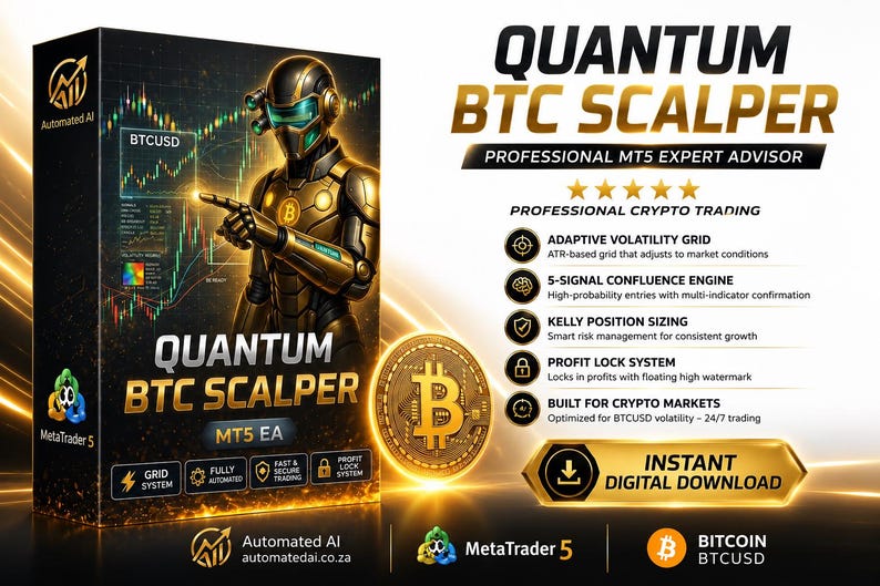 K&ouml;nnte beinhalten: Eine Produktbox f&uuml;r Quantum BTC Scalper, einen professionellen MT5-Expertenberater. Die Box zeigt eine goldene Roboterfigur, ein Bitcoin-Symbol und Handelsdiagramme. Der Text enth&auml;lt Funktionen wie ein adaptives Volatilit&auml;tsraster und ein Gewinn-Sperrsystem.