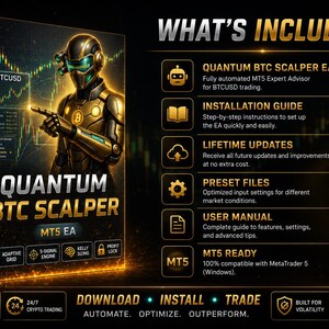 K&ouml;nnte beinhalten: Eine Produktbox f&uuml;r Quantum BTC Scalper MT5 EA mit einer goldenen Roboterfigur, einem Bitcoin-Chart und Text, der enthaltene Elemente wie eine Installationsanleitung, Updates, Preset-Dateien und ein Benutzerhandbuch auflistet.