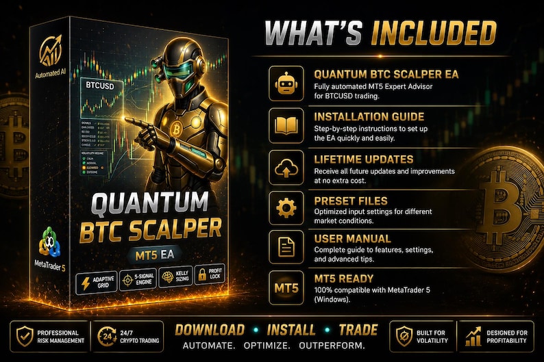 K&ouml;nnte beinhalten: Eine Produktbox f&uuml;r Quantum BTC Scalper MT5 EA mit einer goldenen Roboterfigur, einem Bitcoin-Chart und Text, der enthaltene Elemente wie eine Installationsanleitung, Updates, Preset-Dateien und ein Benutzerhandbuch auflistet.