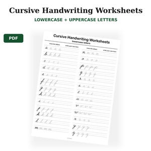 Może przedstawiać: Biały cyfrowy arkusz ćwiczeń PDF do nauki pisma odręcznego z tytułem Cursive Handwriting Worksheets. Strona zawiera kolumny do śledzenia i pisania małych liter od a do z na liniach pomocniczych.