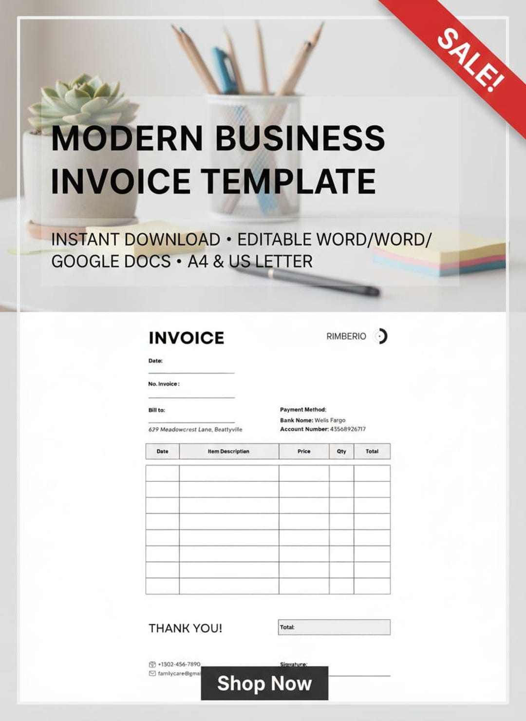 Editable Invoice Template for Canva, Word & Google Docs | Minimalist ...