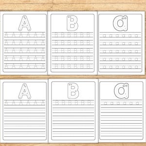 May include: Six white educational worksheets featuring black outlines of uppercase A, uppercase B, and lowercase a letters. Each sheet includes large letters with directional arrows for tracing, followed by rows of dashed letters for practice.